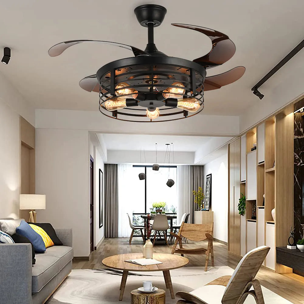 Industrial American retro ceiling fan lamp with 42-inch acrylic blades and remote control on wooden table