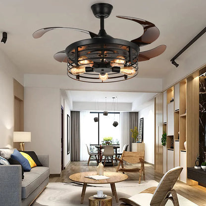 Industrial American retro ceiling fan lamp with 42-inch acrylic blades and remote control on wooden table