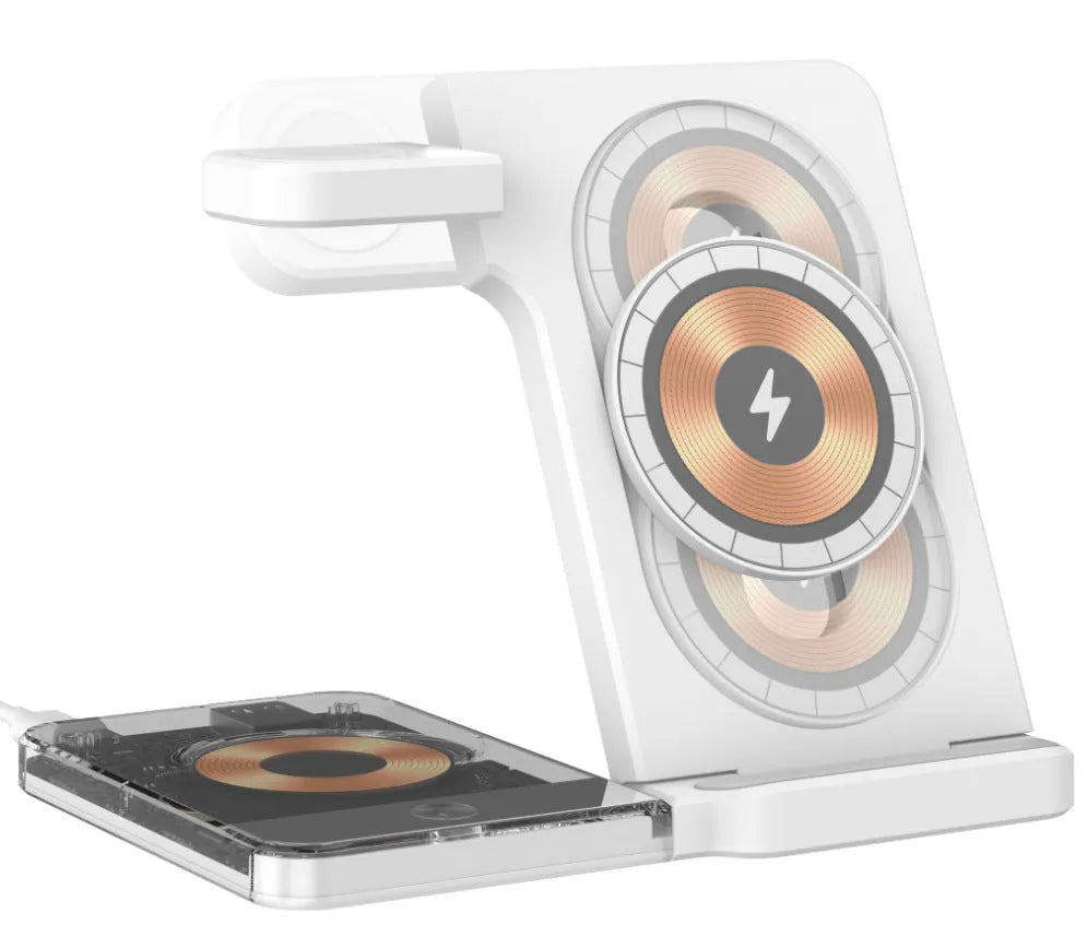 Black foldable three-in-one magnetic wireless charging stand for phone, watch and earphones on a desk.