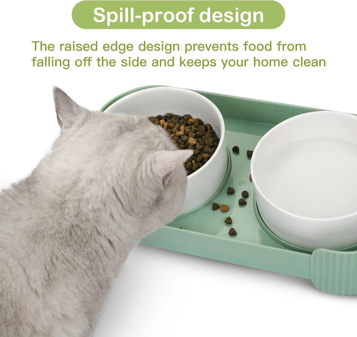Green ceramic raised cat feeder with two tilted bowls on a non-slip white stand.