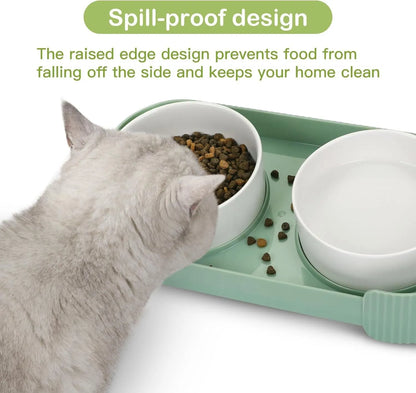 Green ceramic raised cat feeder with two tilted bowls on a non-slip white stand.