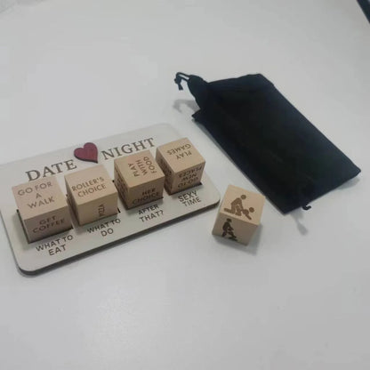 Romantic wooden date night dice set with 5 dice, date planner board, and storage bag for spontaneous couple's activities