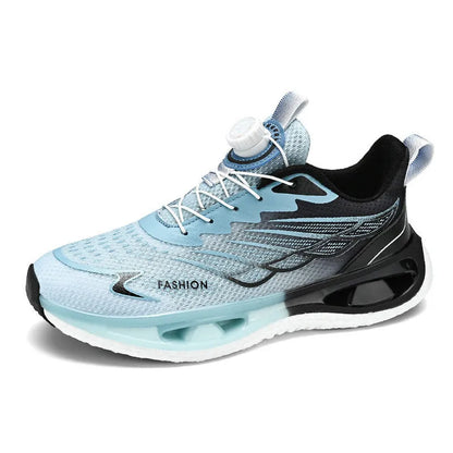 Men's low-top button sneaker with rotating sole in black mesh or leather options on a plain background.