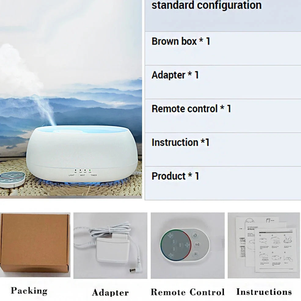 White HOMEFISH aroma diffuser with colour-changing LED light displaying blue hue, remote control beside unit