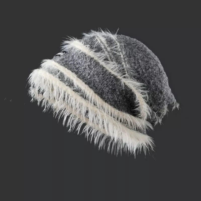Korean-style plush knitted winter hat in mixed color stripes