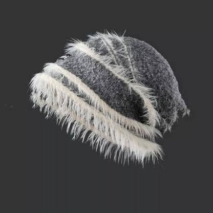 Korean-style plush knitted winter hat in mixed color stripes