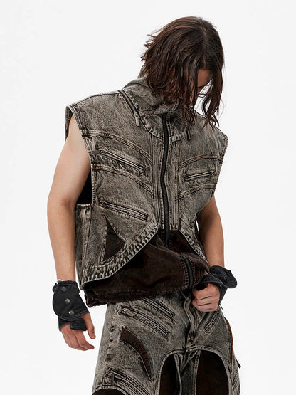 Men's sleeveless denim vest jacket with front zip in cotton fabric