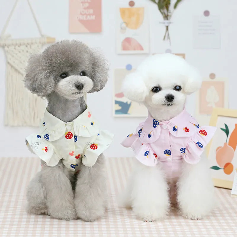 Cotton puppy shirt vest in pink or beige, mushroom design, sizes S to XXL for small dogs