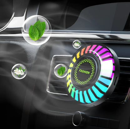 Car aromatherapy RGB light with 24 LEDs showing colour-changing patterns on vehicle air vent