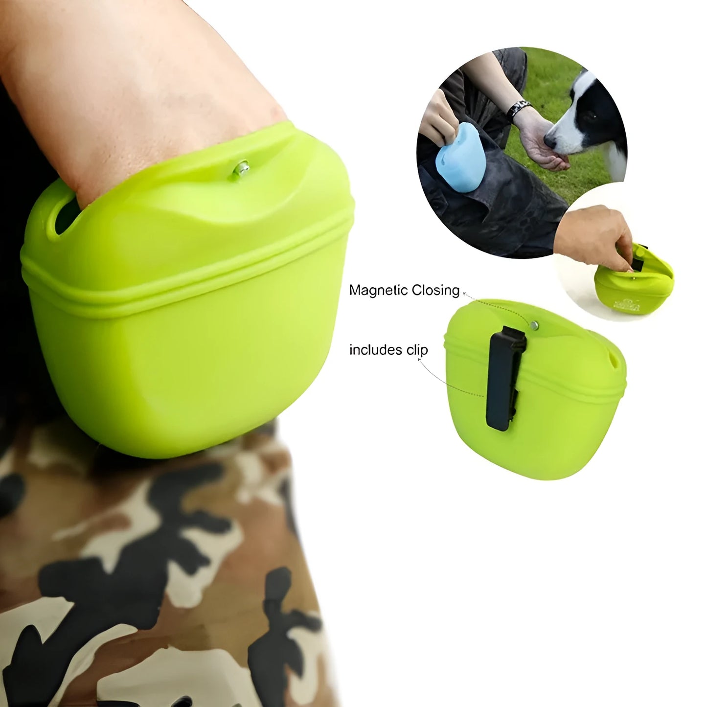 Black silicone dog training treat pouch with clip and magnetic closure shown attached to a belt.