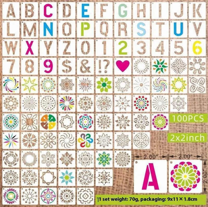 Milky white PET film spray painting stencil sheets with hollow-cut animal, floral, letter, and mandala designs.