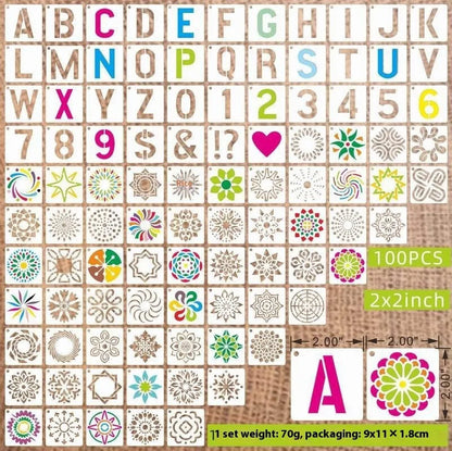 Milky white PET film spray painting stencil sheets with hollow-cut animal, floral, letter, and mandala designs.