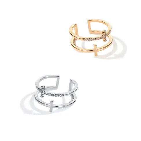 Adjustable copper ring with white gold finish and zircon gemstones, geometric design, fits sizes 5-9