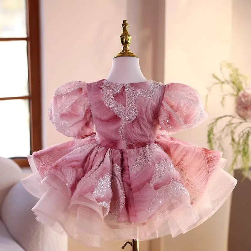 Girls pink polyester princess dress for weddings and performances, sizes 80cm to 150cm.