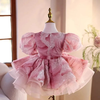 Girls pink polyester princess dress for weddings and performances, sizes 80cm to 150cm.