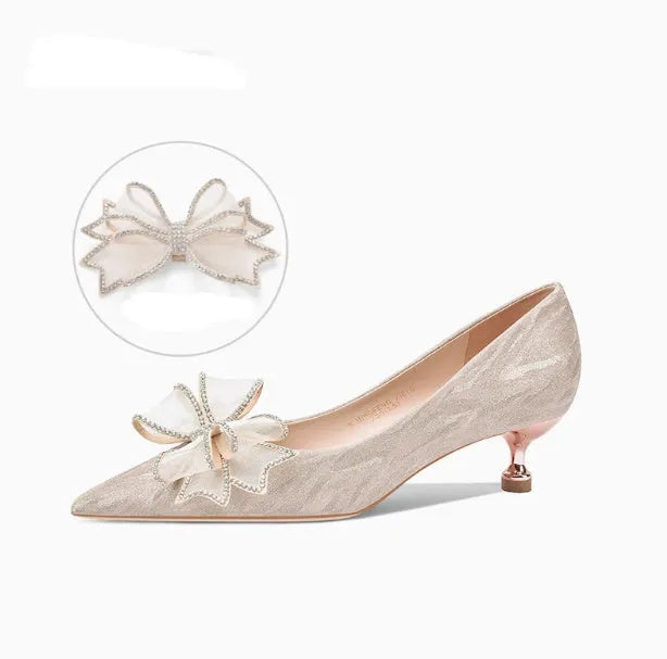 Champagne gold crystal sequinned stiletto heel pumps with shallow mouth for wedding banquets