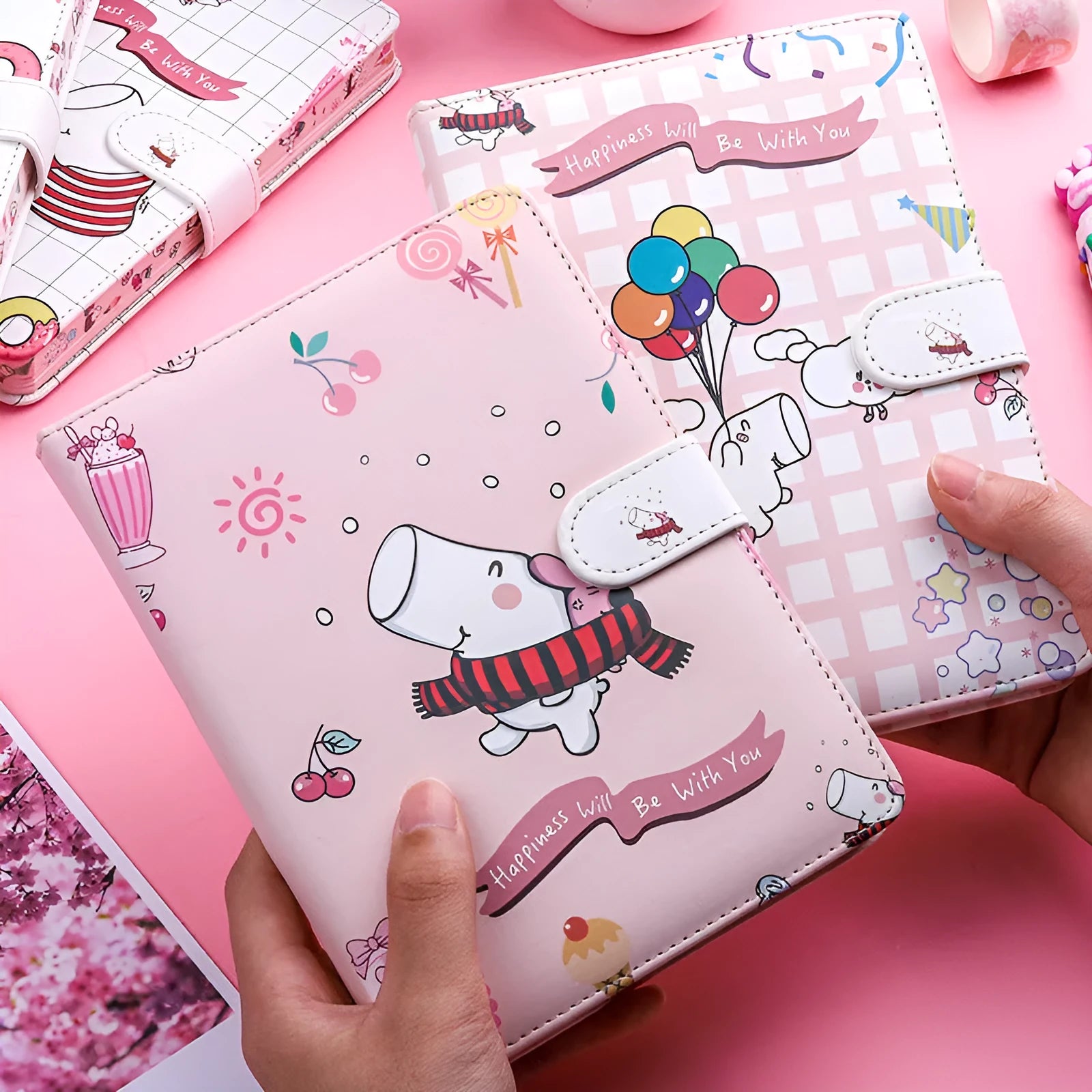 Small white Kaba Bear Hippo notebook with magnetic buckle, girl heart design, showing 224 pages and PU cover.
