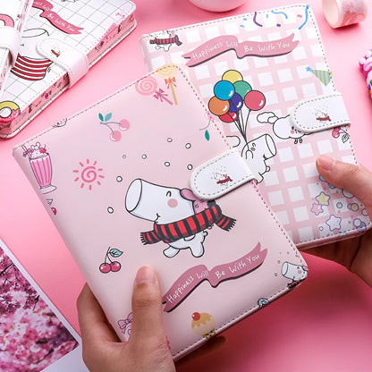 Small white Kaba Bear Hippo notebook with magnetic buckle, girl heart design, showing 224 pages and PU cover.
