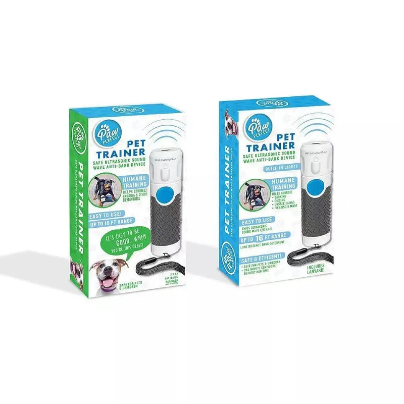 Dog trainer with handheld ultrasonic bark-stop control device for behaviour correction in dogs, made from white ABS plastic with a portable 100g weight and powered by three no.7 batteries for convenient use.