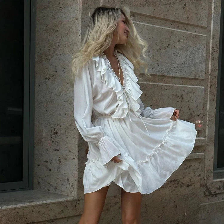 Stylish Y2K-inspired dress with pleated ruffles, flared sleeves, and a variety of vibrant color options