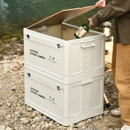 Large green and white foldable plastic storage box with wooden lid option.