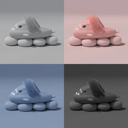 Cozy and stylish shark-themed house slippers with a plush, fuzzy upper and a durable, non-slip sole