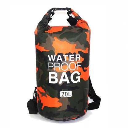Camouflage polyester waterproof bag with PVC for outdoor activities, available in multiple colors and sizes.