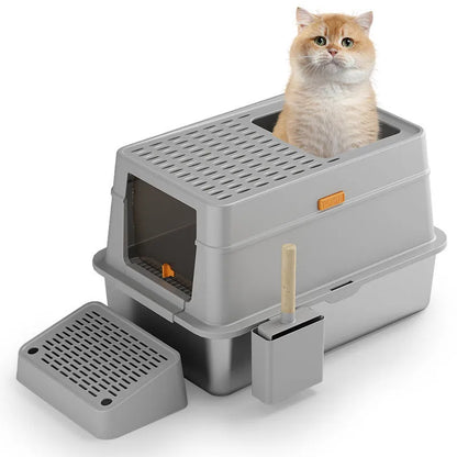 Grey ABS plastic enclosed cat litter box with a visible pedal entry flap.
