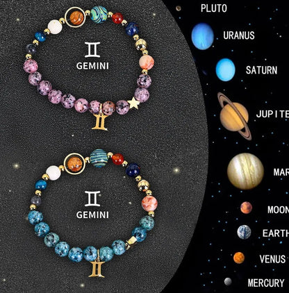 Twelve Zodiac Sign Beaded Bracelet Set with natural stone beads and adjustable 18-22cm length on a wrist