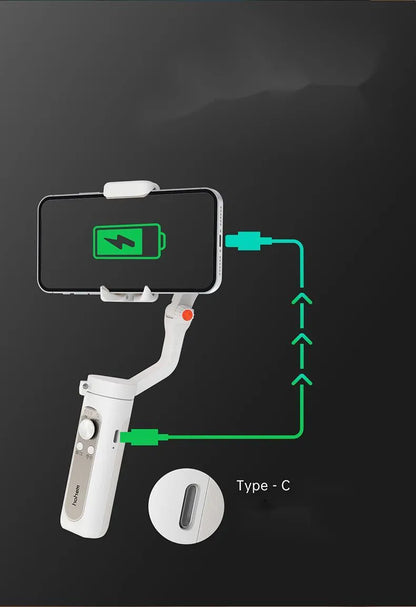 Black or white three-axis mobile phone gimbal stabiliser showing compact folded size.