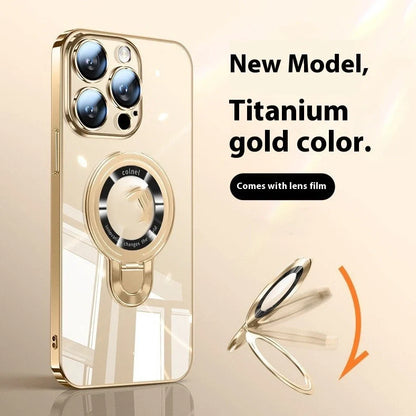 Desert gold electroplated iPhone 17 case showing 360-degree rotating bracket extended and magnetic back surface