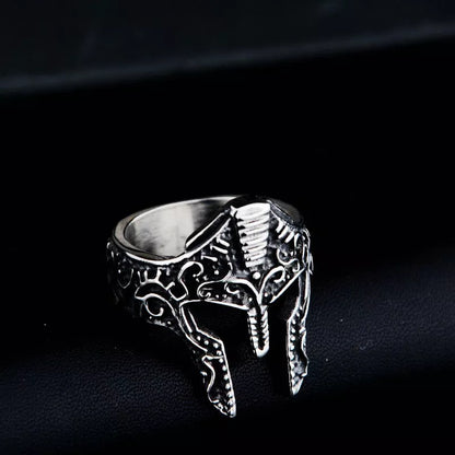 Stainless steel warrior mask ring in gold and silver finishes, sizes 8-12