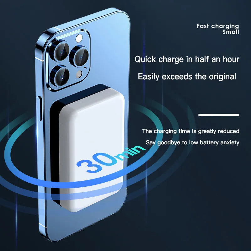 Pink magnetic wireless power bank showing dimensions 100x64x18mm with 20000mAh capacity