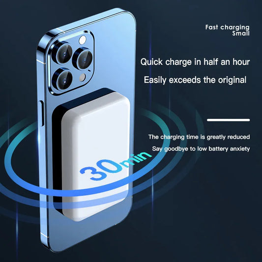 Pink magnetic wireless power bank showing dimensions 100x64x18mm with 20000mAh capacity