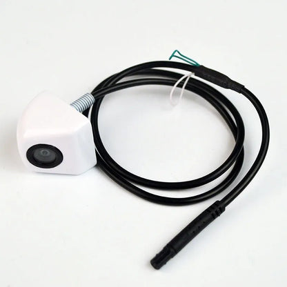 Black screw-mount HD waterproof rearview camera for cars with night vision, shown with connection cable.