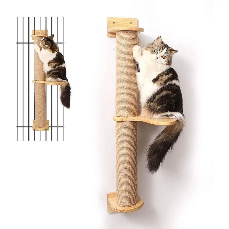 Cat climbing frame pet toy made from wooden cordage with flax grab post design hanging wall-mounted jumping platform for feline exercise wood colour natural finish
