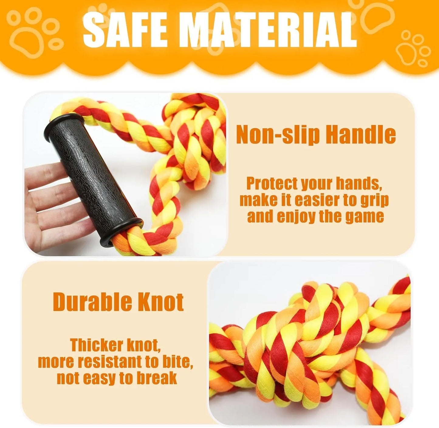 Blue and yellow dog rope toy with non-slip handle, measuring 18cm by 62cm for aggressive chewers