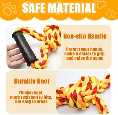 Blue and yellow dog rope toy with non-slip handle, measuring 18cm by 62cm for aggressive chewers