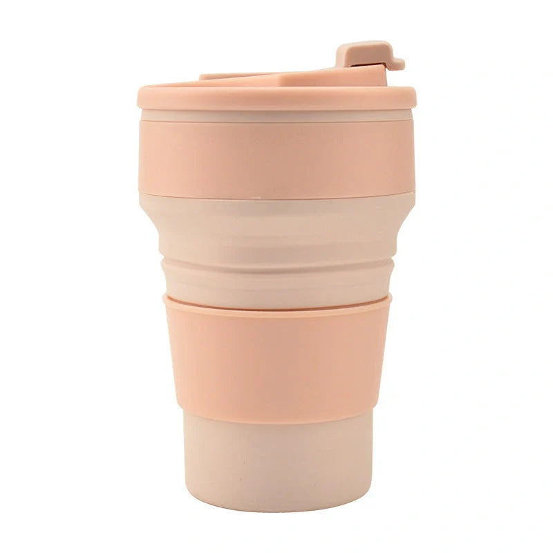 Collapsible silicone travel mug with leak-proof cover in various colors