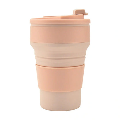 Collapsible silicone travel mug with leak-proof cover in various colors