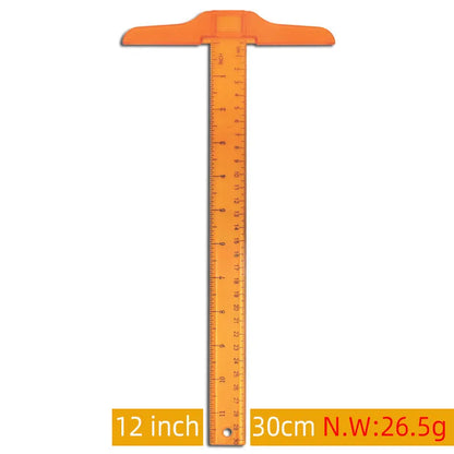 30cm plastic T-square ruler for student design projects in transparent or orange yellow with centimetre markings