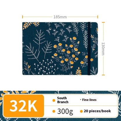 Feiluniao watercolour notebook with fabric cover, 185mm length, open to show paper for painting.