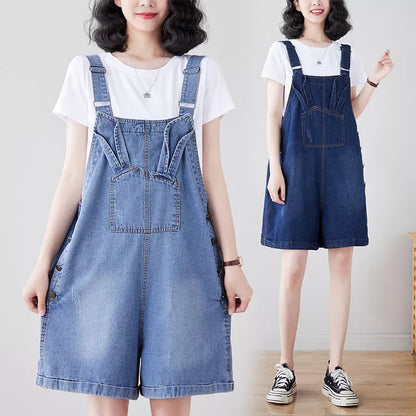 Denim loose straight strap pants with adjustable suspenders in dark blue and light blue