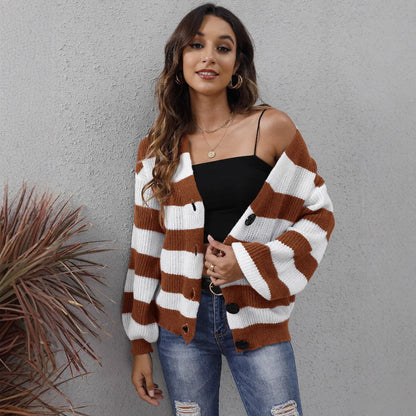 Women's deer plush cardigan with striped pattern and button stitching in blue colour