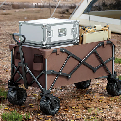 Foldable black camping cart with 600kg capacity showing expanded and collapsed dimensions