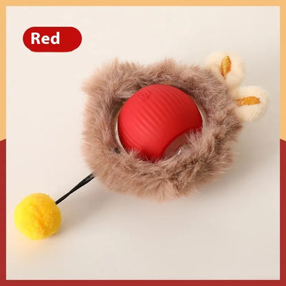 Plush silicone rolling ball cat toy in red, green, and grey colour options for feline self-play entertainment