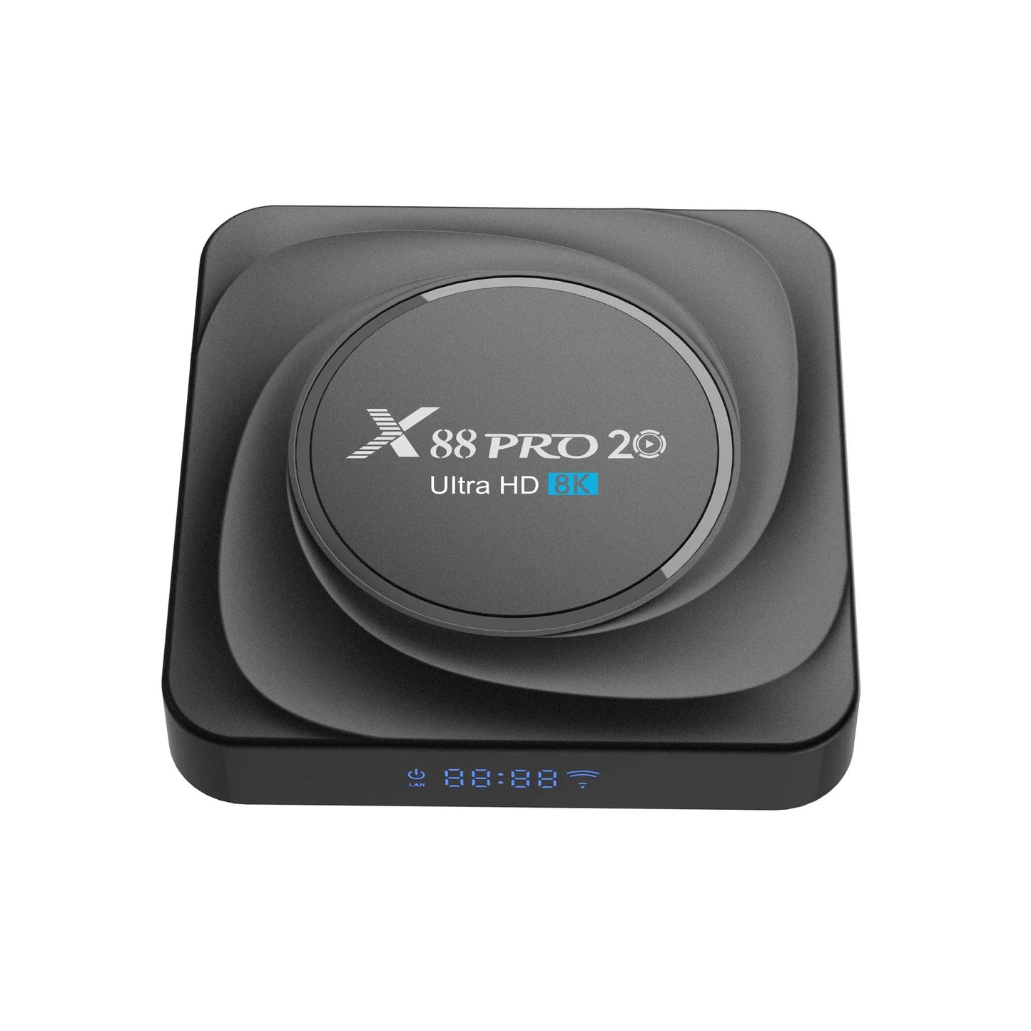Android dual-band WiFi Bluetooth TV set-top box with remote control on a table