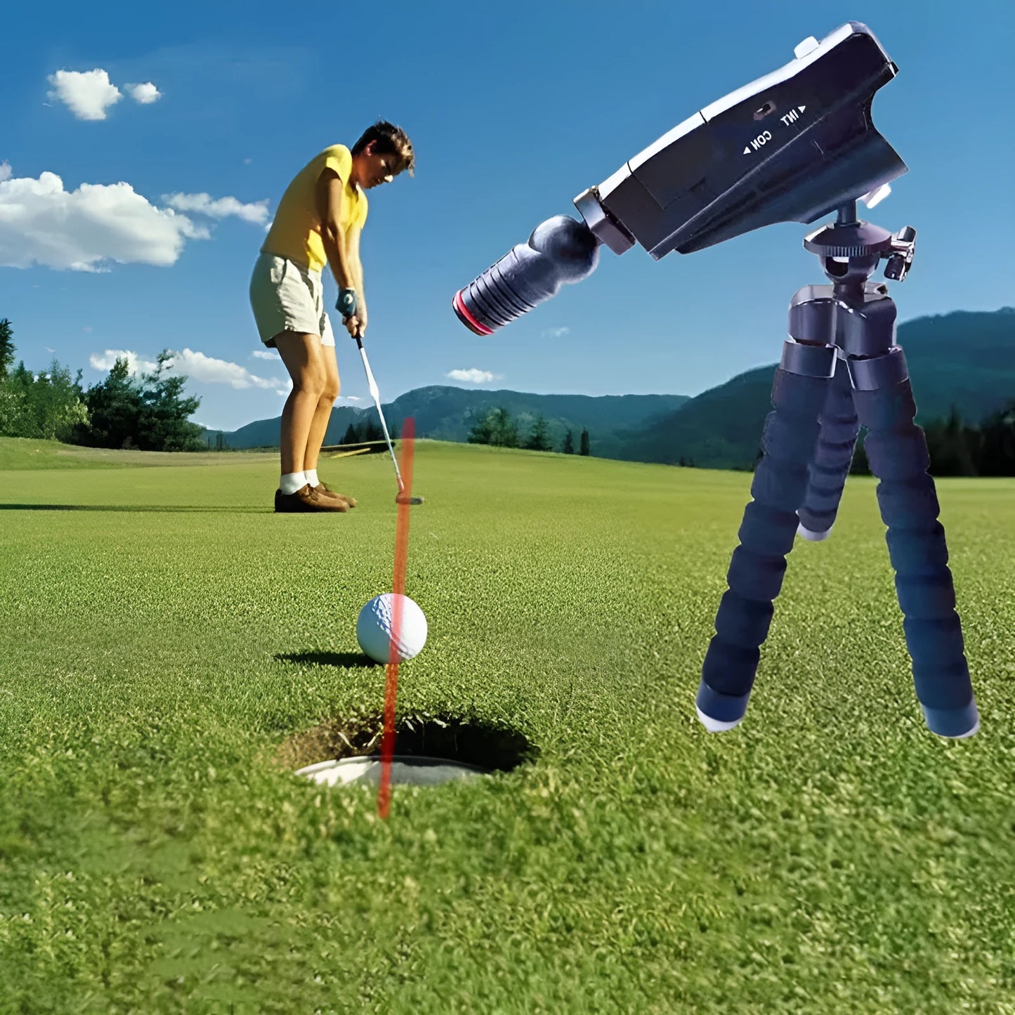 A golf putter laser aiming instrument showing different style options including a laser sight unit.
