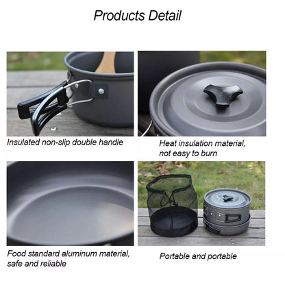Lightweight folding outdoor cookware set for camping and hiking, includes pot, pan, teapot, and tableware