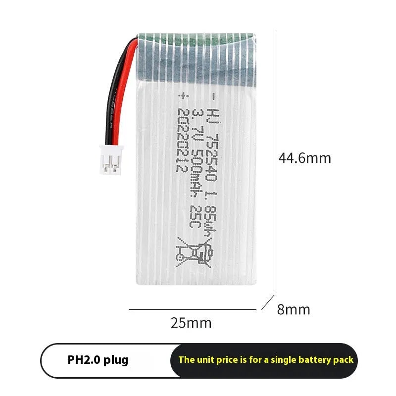 3.7V 500mAh 1S Li-Po drone battery, 44.6mm x 25mm x 8mm, for X5C RC model aircraft with JST PH2.0 SM XH2.54 plug options